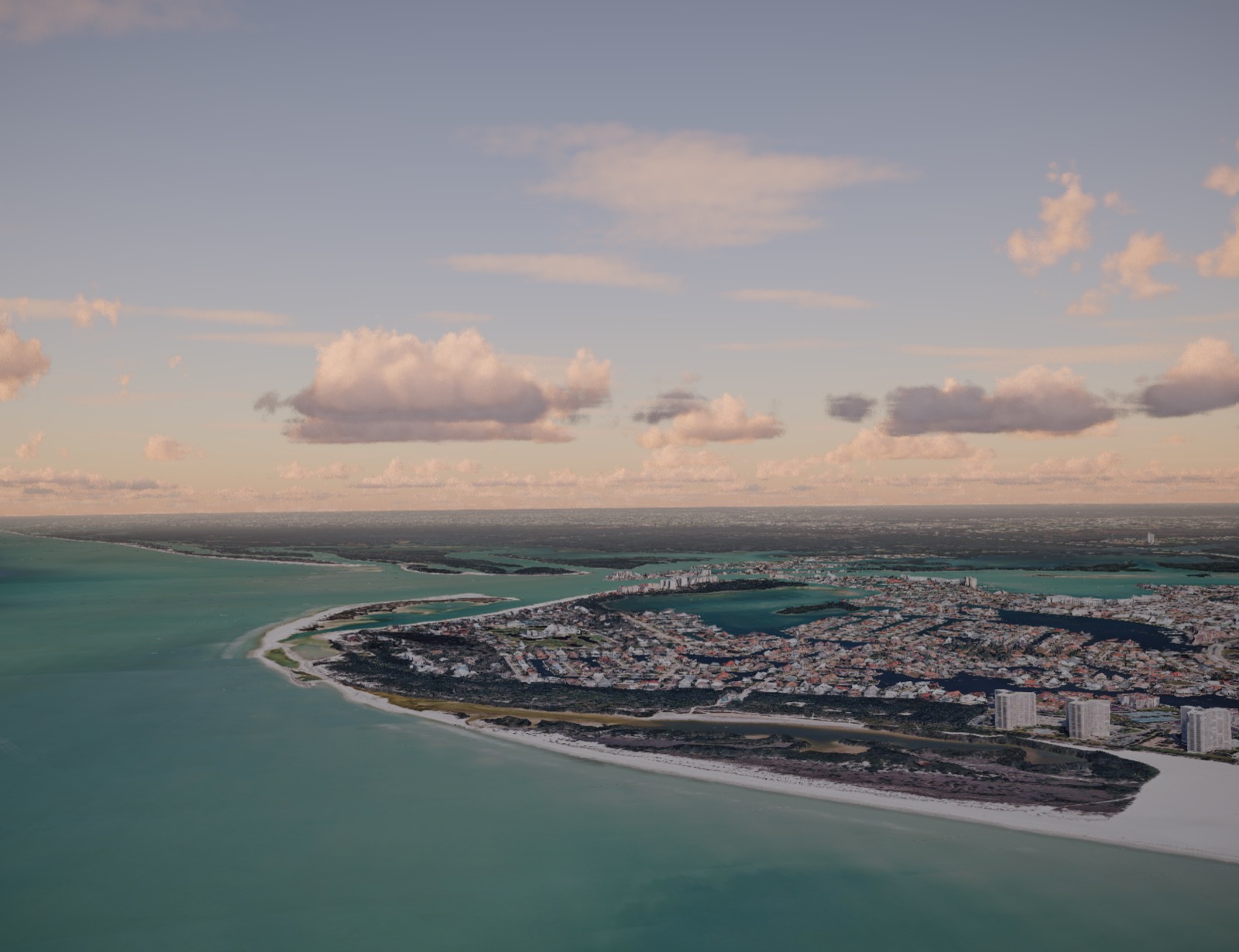 A coastline and its barrier island in late afternoon light